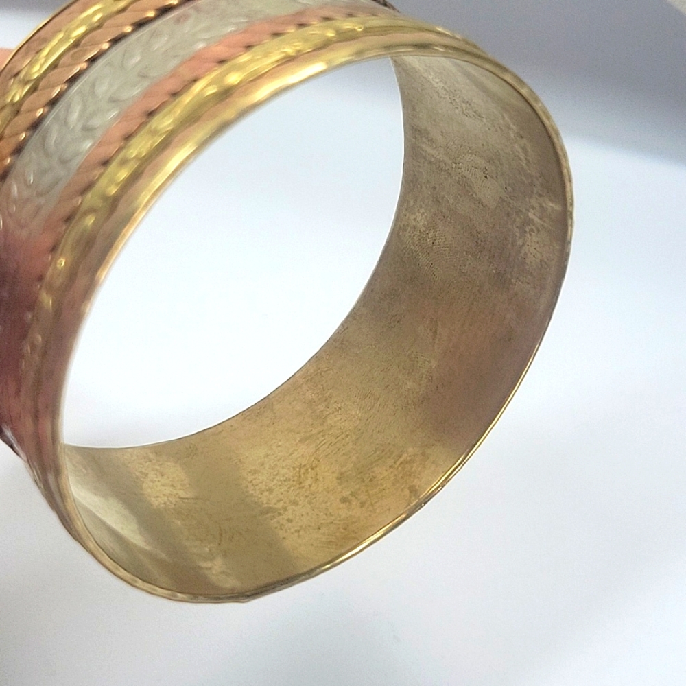 ​Artisan Wide Mixed-Metal Copper Cuff Bracelet Braided Brass Etched Leaf - Picture 4 of 6